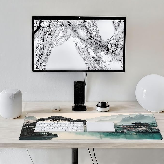 XXL Desk Mat Mouse Pad, Ink Wash Cherry Blossom Design, Washable Rubber Anti-Slip, Stitched Edges, 35.4 x 15.7 Inches, Rectangular, for Computer Work Gaming