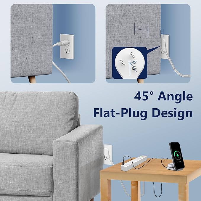 LIDER PD 36W Surge Protected Outlet Extender with 4-Outlet Power Strip, 1 USB Type-A, and 1 Type-C Port, 5ft, Up to 1500J, LED Indicator, ON/Off Switch, Flat-Plug, 45-Degree Angle, UL-Listed, White