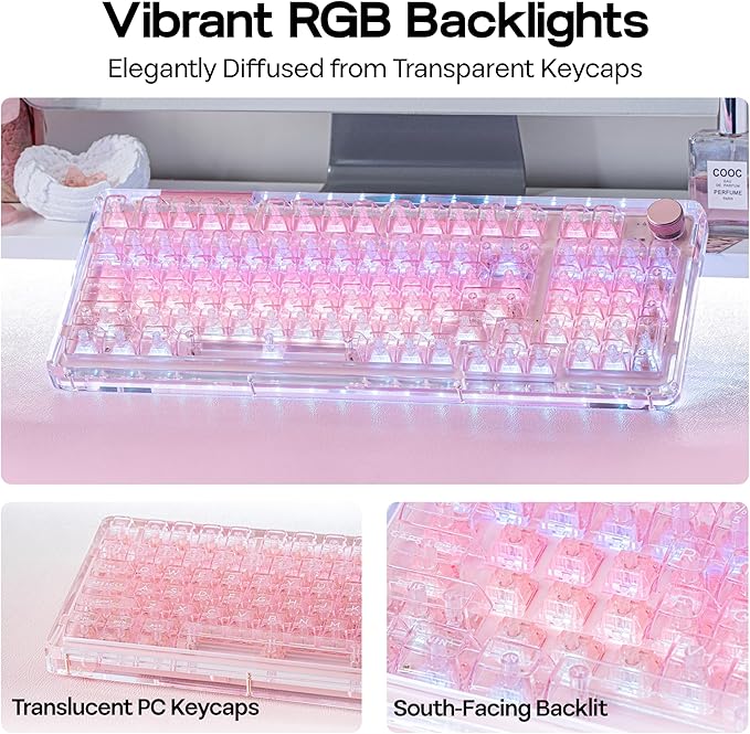 KiiBoom Phantom 98 Crystal Mechanical Gaming Keyboard, Transparent Keyboard with RGB Backlits, Hot-Swappable, Shine Through Clear Keycaps, 3 Modes Wireless, 8000mAh Battery, NKRO for Win/Mac (Pink)