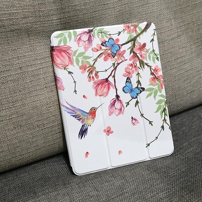 MEEgoodo for iPad Pro M2 12.9 Case 6th/5th/4th/3rd Generation 2022 2021 2020 2018 with Pencil Holder, Tablet Cover with Soft TPU Back Shell, Birds & Flowers