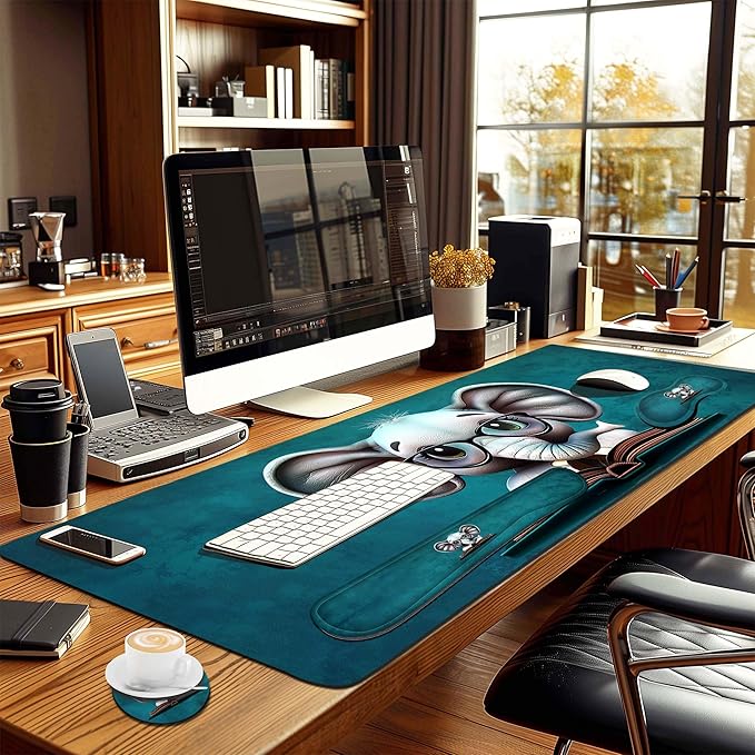 4-Piece Extended Large Mouse Pad Set for Women Men with Elephant Design Includes 35.4 x 15.7 XXL Large Mouse Pad Keyboard Wrist Rest Mouse Wrist Support and Coaster for Office Home