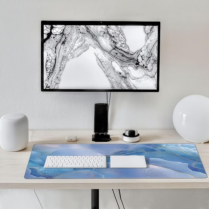Large Blue Marble Pattern Mouse Pad, Non-Slip Rubber Base, 35.4 x 15.7 Inches, Office and Home Desk Accessory