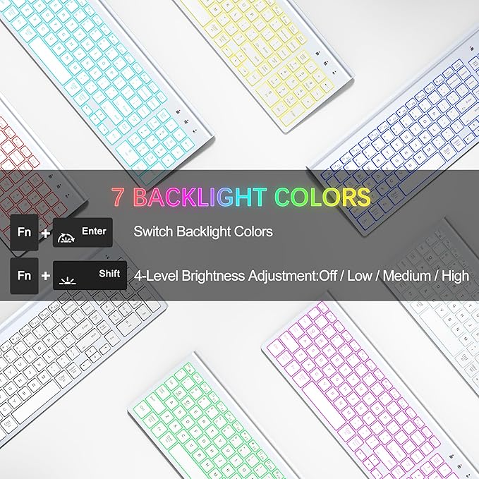 TopMate Wireless Keyboard and Mouse Ultra Slim Combo, 2.4G Silent Compact USB 2400DPI Mouse and Scissor Switch Backlit Keyboard Set, for PC/Laptop/Windows/Mac/Gaming - Matte White