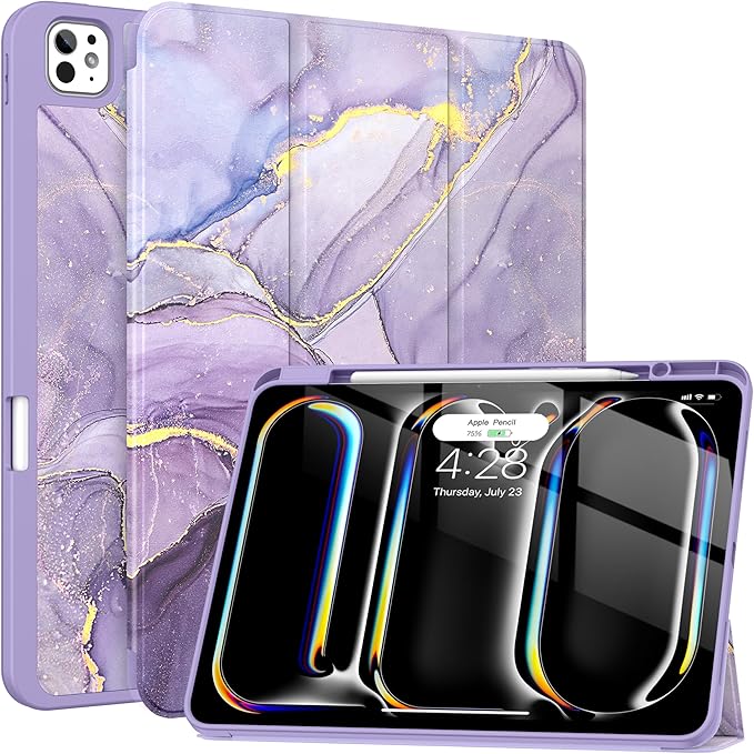 Soke Case for New iPad Pro 13 Inch (M5/M4, 2025/2024 Release), with Pencil Holder Trifold Stand Shockproof [Support Apple Pencil Charging + Auto Wake/Sleep], Soft TPU Back Cover, Lilac Marble