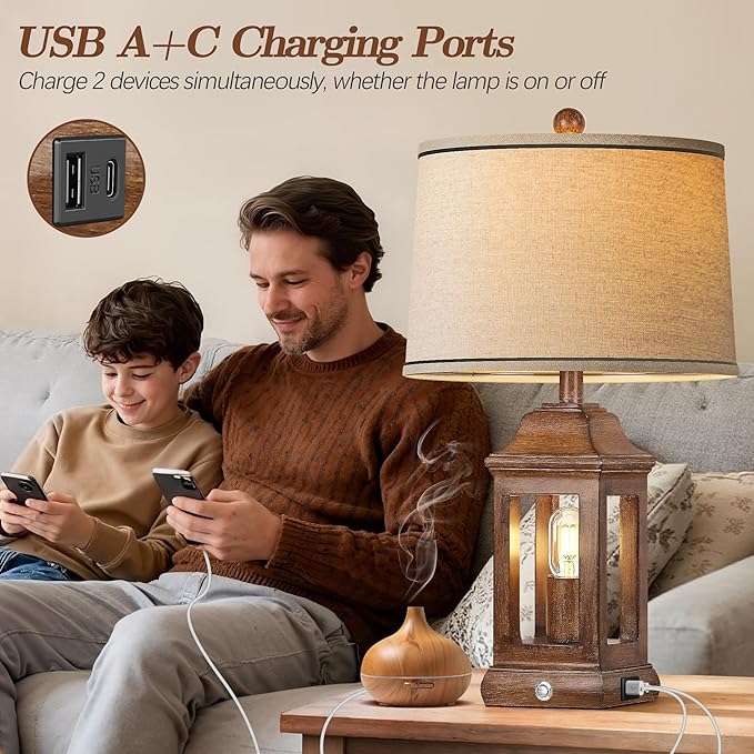 24" Rustic Farmhouse Table Lamps for Living Room Set of 2, Touch Dimmable Nightlight Vintage Bedside Lamps with USB A+C Ports & Dual Light Sources for Bedroom Nightstand End Table, Wood Grain