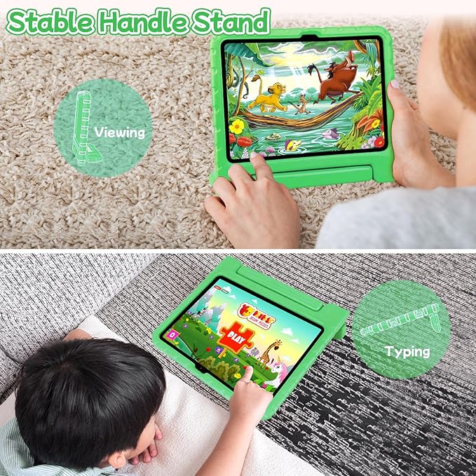 Kids Case for iPad A16 11th (2025)/iPad 10th Gen (2022) with Pencil Holder & Handle Stand, Super Protection EVA Toddler-Friendly Cover for iPad 11"(A16)/10th Generation 10.9"-Green