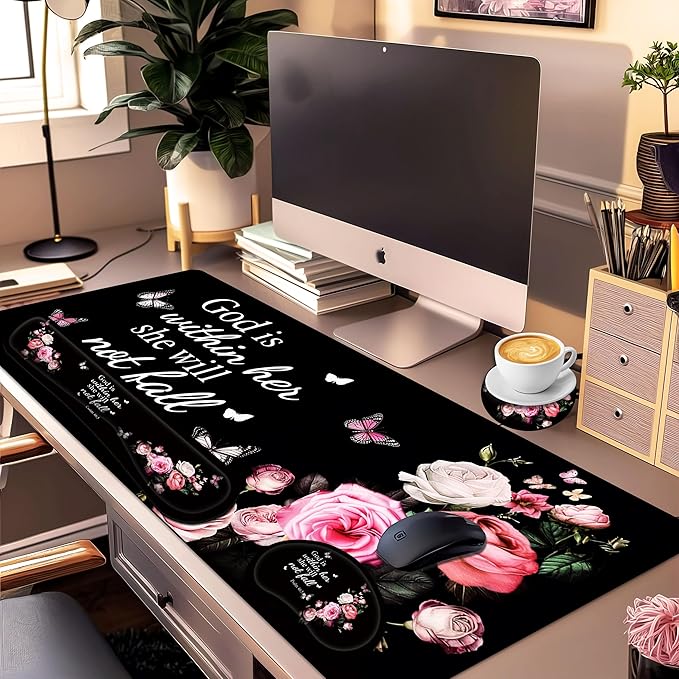 Large Gaming Mouse Pad Set 35.4 x 15.7 with Keyboard Wrist Rest, Wrist Support, and Coaster Memory Foam Smooth Desk Pad Mousepad for Home Office School - Floral Bible