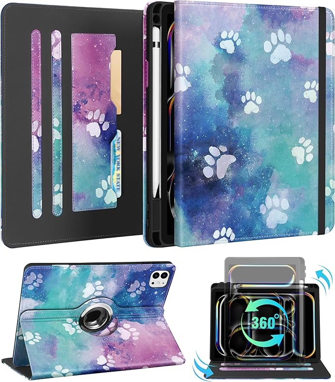 Kidcube for iPad Pro 11 Inch Case M4 2024 5th Generation - Women Girls Cute Rotating Stand Folio Cover with Pencil Holder & Card Slot Kawaii Cartoon Dogs for iPad Pro 11'' Case 2024 M4 5th Gen