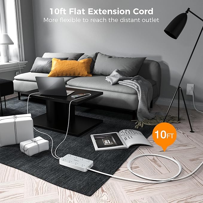 TESSAN Power Strip Surge Protector, 10FT Flat Plug Extension Cord with 8 Outlets 3 USB Charger(1 USB C), 1080 Joules Protection, Wall Mountable Charging Station for Home Office Dorm, Gray