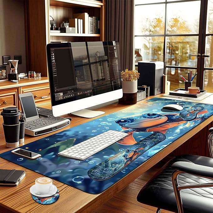 4-Piece Extended Large Mouse Pad Set for Women Men with Turtle Anime Design Includes 35.4 x 15.7 XXL Large Mouse Pad Keyboard Wrist Rest Mouse Wrist Support and Coaster for Office Home