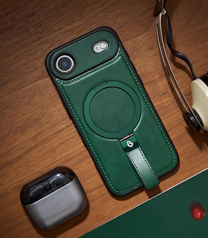 Butaiga for iPhone Air Leather Case with Stand, Anti-Slip Grip Ring, Fits for MagSafe (Green,iPhone Air)