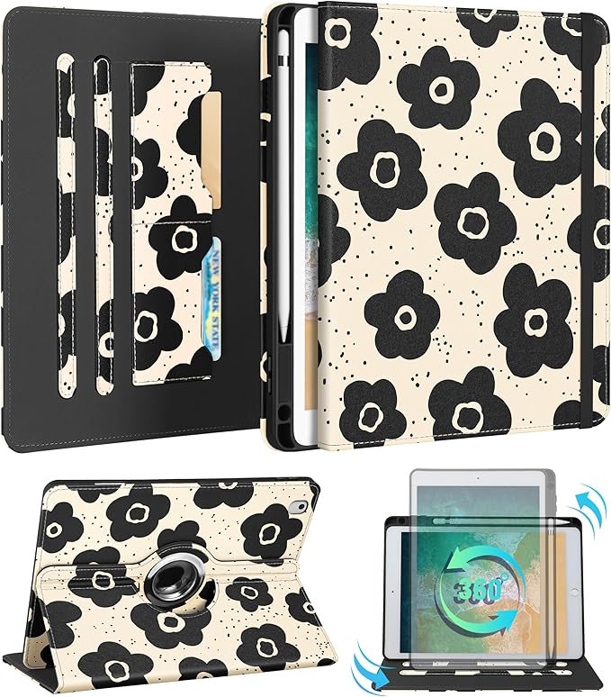 Kidcube for iPad 5th Generation Case 2017/Air 1st 2013/Pro 9.7 Inch Case 2016 - Women Girls Kids Cute Rotating Stand Folio Cover with Pencil Holder & Card Slot Girly Black Flowers Floral Design Cover
