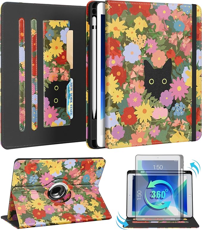 Kidcube for iPad 9th/8th/7th Generation Case 10.2 Inch - for Women Girls Cute Rotating Stand Folio Cover with Pencil Holder & Card Slot Girly Kawaii Cat Flowers Design for iPad 9th/8th/7th Gen Cases