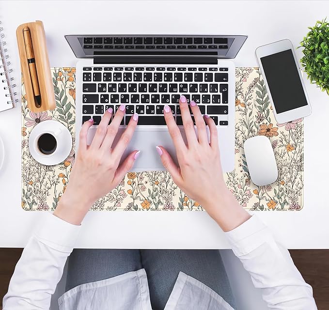 Wild Flowers Gaming Mouse Pad, Floral Cute Keyboard Mouse Mat, Full Desk Protector, Aesthetic Desk Decor 31.5"x15.75"