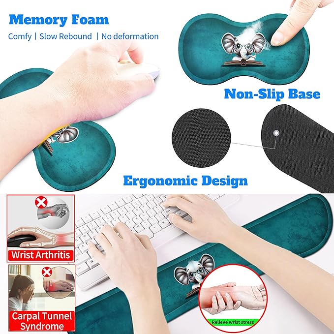 4-Piece Extended Large Mouse Pad Set for Women Men with Elephant Design Includes 35.4 x 15.7 XXL Large Mouse Pad Keyboard Wrist Rest Mouse Wrist Support and Coaster for Office Home