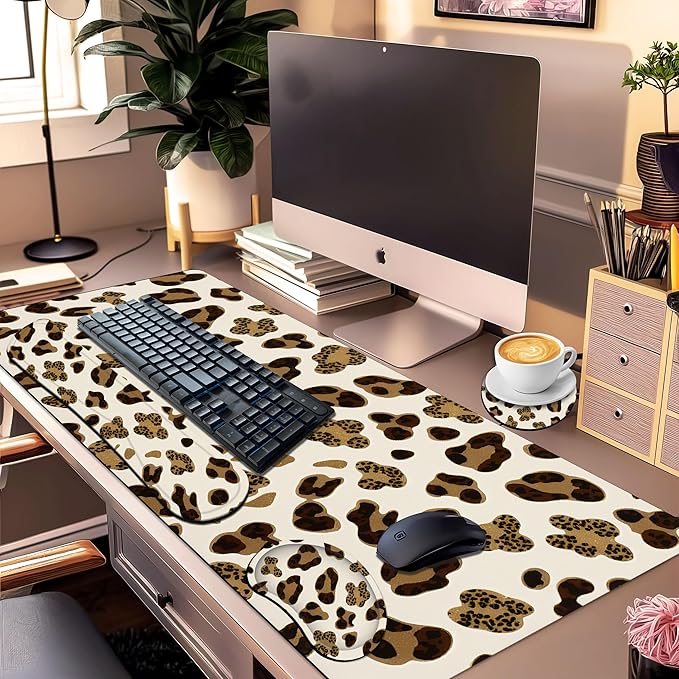 Leopard Large Gaming Mouse Pad Set of 4 for Women 35.4 x 15.7 with Keyboard Wrist Rest, Wrist Support, Coaster, Memory Foam Smooth Desk Mat Mousepad for Home Office School