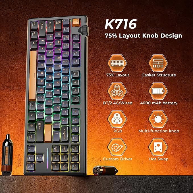 Redragon K716 Wireless Mechanical Keyboard with Knob, Gasket Gaming Keyboard in TKL Layout, Hot swap Pre-Lubed Switches, RGB Backlight, for PC/Mac (Black)