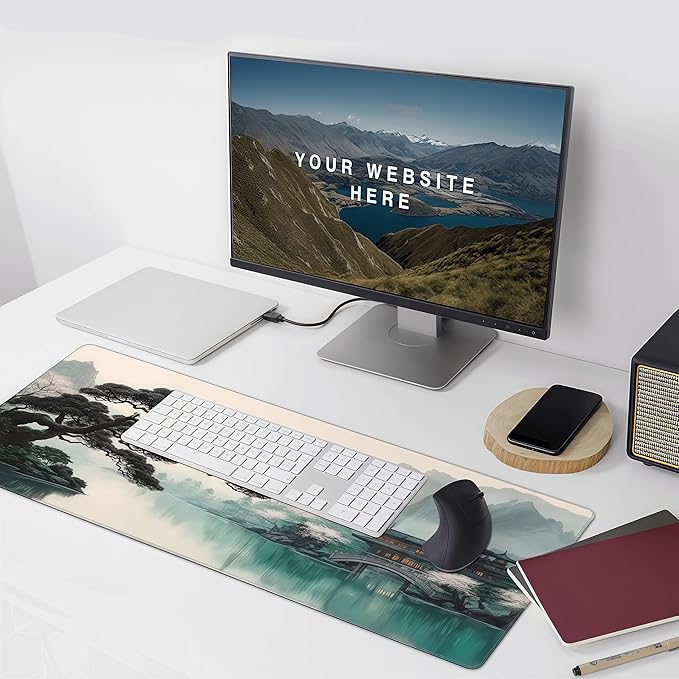 XXL Desk Mat Mouse Pad, Ink Wash Cherry Blossom Design, Washable Rubber Anti-Slip, Stitched Edges, 35.4 x 15.7 Inches, Rectangular, for Computer Work Gaming
