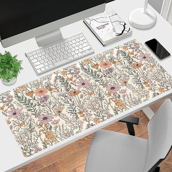 Wild Flowers Gaming Mouse Pad, Floral Cute Keyboard Mouse Mat, Full Desk Protector, Aesthetic Desk Decor 31.5"x15.75"
