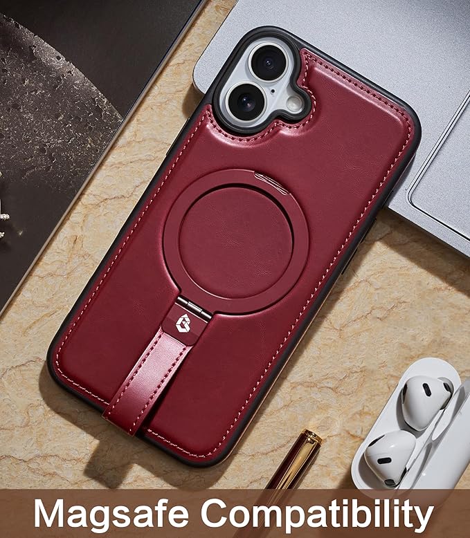 Butaiga for iPhone 17 Leather Case with Stand, Anti-Slip Grip Ring, Fits for MagSafe (Burgundy, iPhone 17)