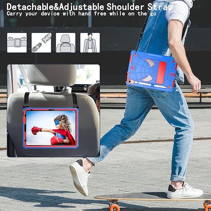 Dteck for iPad Air (3rd Generation) 2019 and iPad Pro (2017 Release) Hard Case 10.5" with Kickstand, Shoulder Strap/Screen Protector Film/Stylus Included, Shockproof Cute Spider Kid's Cover, Blue/Red