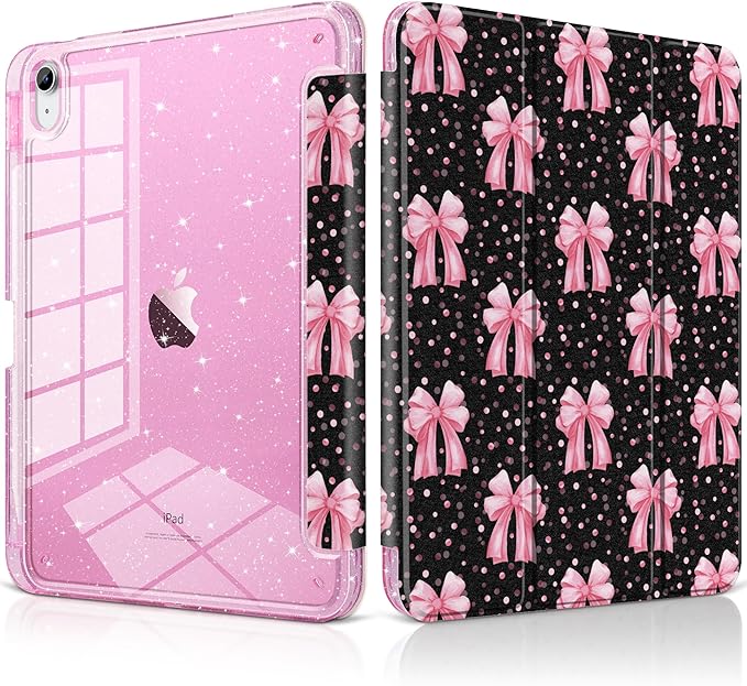 DONGKE for iPad Pro 11 inch Case – Fits M5 2025 / M4 2024, Shockproof Sparkling Glitter Acrylic Back, Pencil Holder, Trifold Stand, Auto Sleep/Wake & Touch ID Support - Pink Bows