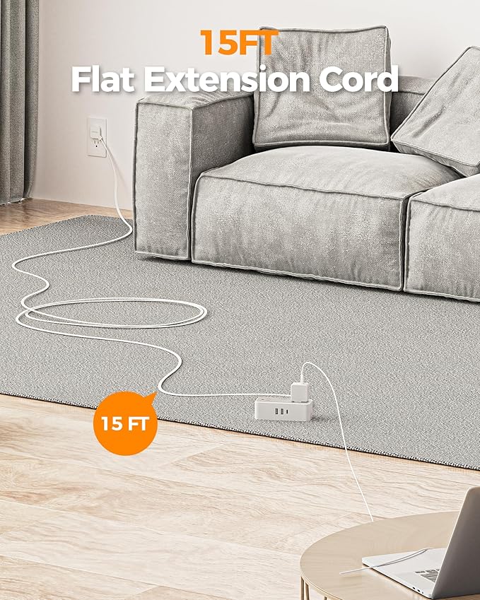 TESSAN Flat Plug Extension Cord 15 FT, Surge Protector Power Strip with 4 AC Outlets 1 USB C and 2 USB A Ports, 900 Joules Protection, Multiple Wall Outlet Extender Suitable for Office Dorm, Grey