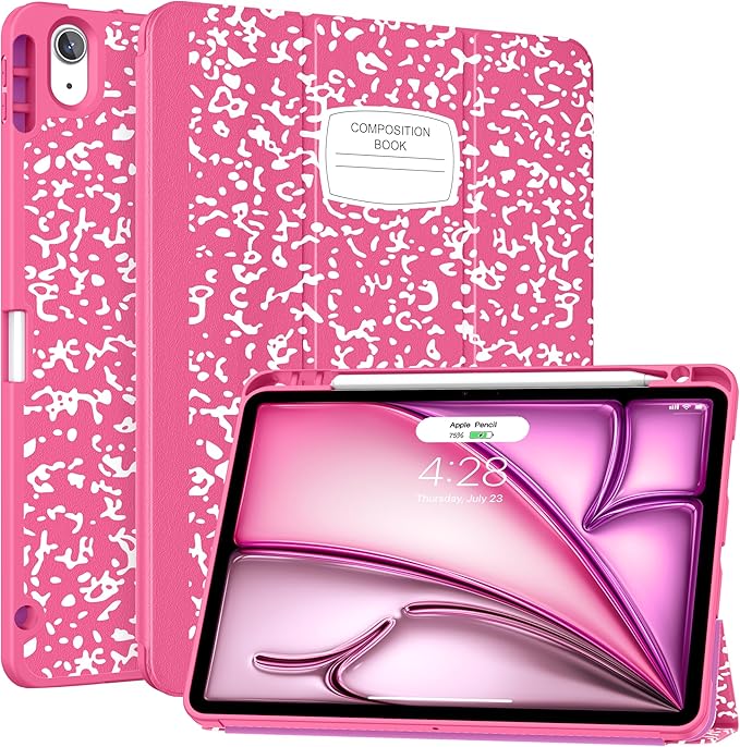 Soke Case for New iPad Air 11 Inch (M4/M3/M2, 2026-2024), iPad Air 5th/4th Generation 10.9 Inch (2020-2022) with Pencil Holder, Soft TPU Back Cover & Auto Sleep/Wake, Book Hot Pink