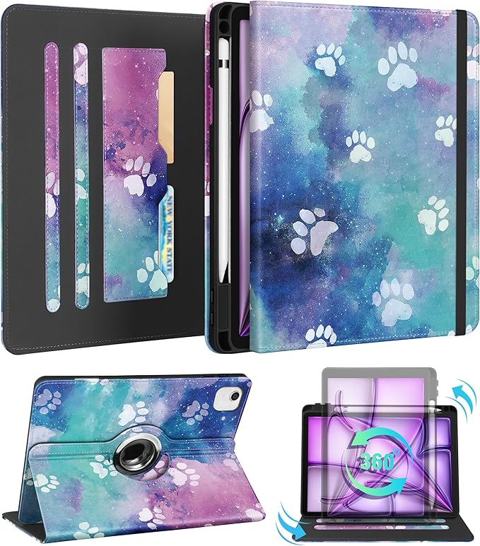 Kidcube for iPad Air 13 Inch Case (M3/M2)/for iPad Pro 12.9 Cases 6th/5th (2022/2021) - Women Girls Cute Rotating Stand Folio Cover with Pencil Holder & Card Slot Design Kawaii Cartoon Cool Dog Cover