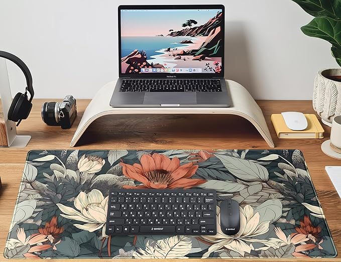 Vintage Floral Desk Mat XXL Large Gaming Mouse Pad Extended Desk Pad, Tropical Plants Laptop Keyboard Mouse Mat with Stitched Edges 31.5x15.75 in, Computer Mat Mousepad for desk Decor Office Gift