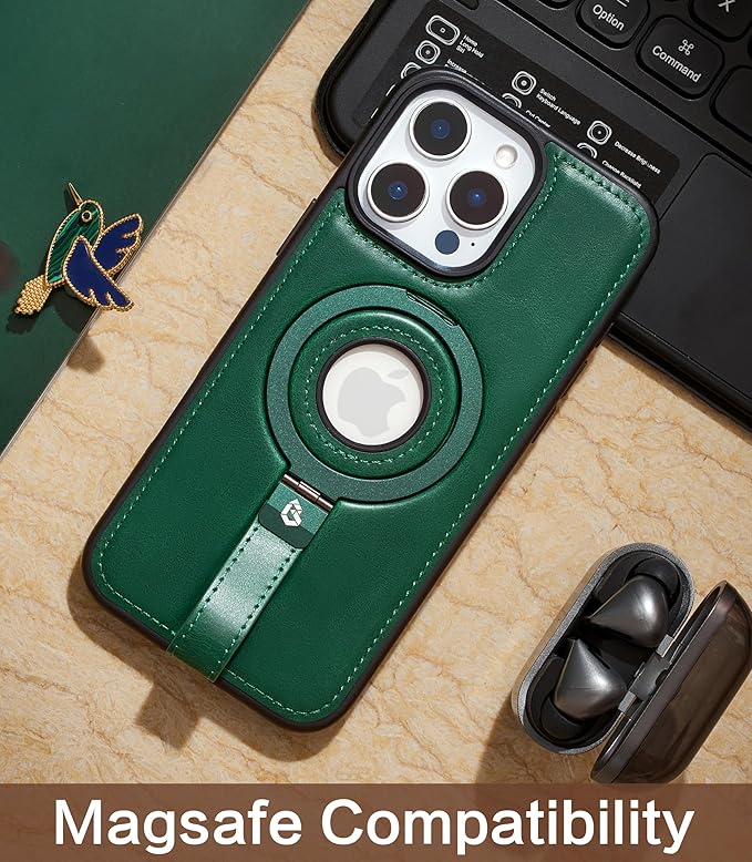 Butaiga for iPhone 15 Pro Leather Case with Stand, Anti-Slip Grip Ring, Fits for MagSafe (Green, iPhone 15 Pro)