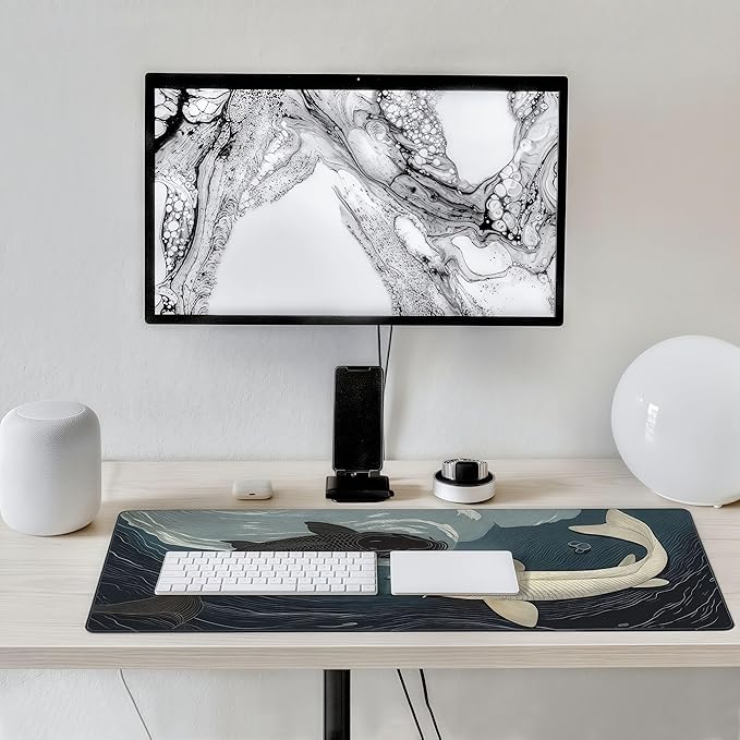 Tai Chi Koi Fish Gaming Mouse Pad, Large Desk Mat with Non-Slip Rubber Base, 35.4 x 15.7 Inches, Black and White Design for PC Gaming and Office