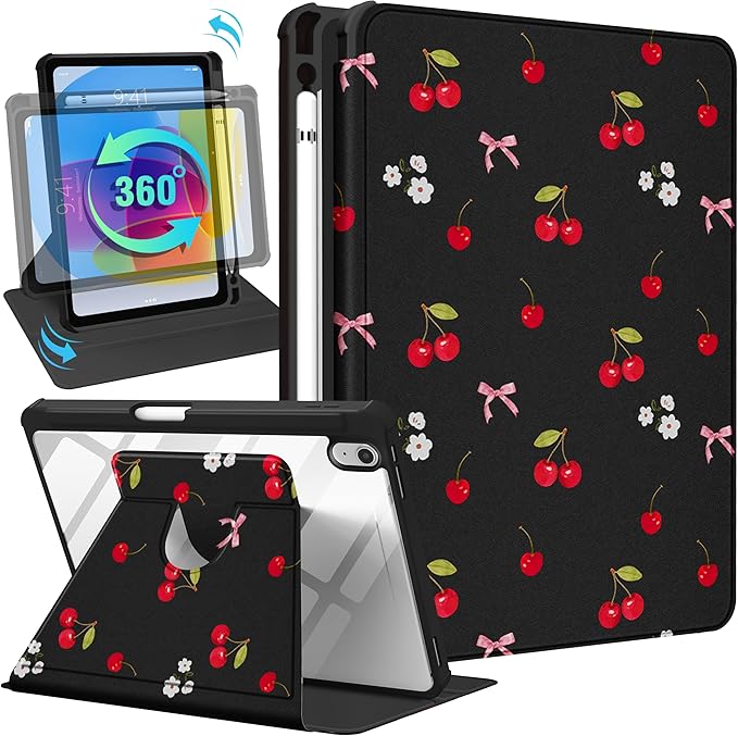 Uppuppy for iPad A16 Case for iPad 10th Generation Case 10.9 inch - 360 Degree Rotating Stand Folio Smart Cover with Pencil Holder for Women Girls, Cherry Bow Flowers for Apple 10th 2022/11th 2025
