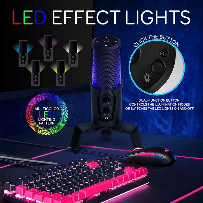 USB Microphone Selectable Pickup Pattern-4 in 1 Polar Pattern Selector Audio Cardioid Condenser Mic w/LED Effect Lights, Podcast Recording Kit for Gaming Streaming Podcasting Studio-Pyle PDMIUSBMT300