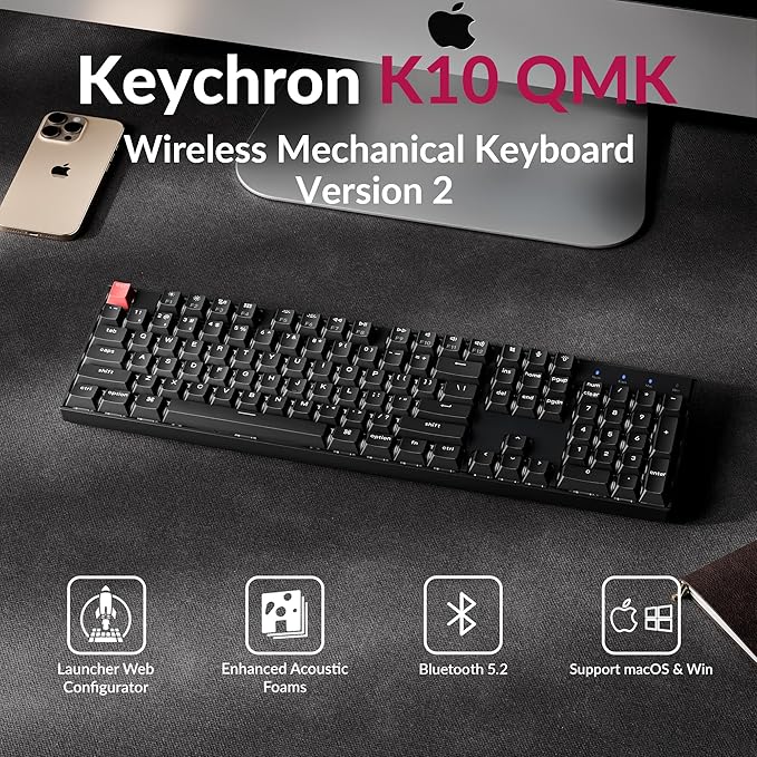 Keychron K10 Version 2 Full Size 104 Keys Bluetooth Wireless Mechanical Gaming Keyboard for Mac Windows Super Brown Switch White LED Backlight/USB C Wired Computer Keyboard