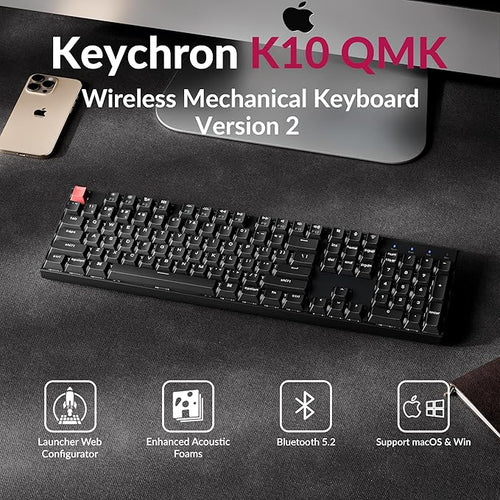 Keychron K10 Version 2 Full Size 104 Keys Bluetooth Wireless Mechanical Gaming Keyboard for Mac Windows Super Brown Switch White LED Backlight/USB C Wired Computer Keyboard