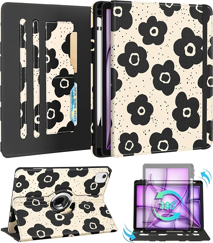 Kidcube for iPad Air 13 Inch Case (M3/M2)/for iPad Pro 12.9 Cases 6th/5th (2022/2021) - Women Girls Cute Rotating Stand Folio Cover with Pencil Holder & Card Slot Design Black Floral Flowers Cover