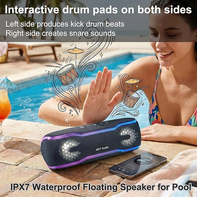 Bluetooth Shower Speaker, IPX7 Waterproof Wireless Speaker with 24H Playtime, Beat Pads, RGB Lights, TWS Pairing, Durable Design, Perfect for Travel, Beach, and Gifts - Black
