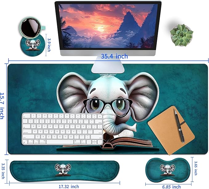 4-Piece Extended Large Mouse Pad Set for Women Men with Elephant Design Includes 35.4 x 15.7 XXL Large Mouse Pad Keyboard Wrist Rest Mouse Wrist Support and Coaster for Office Home