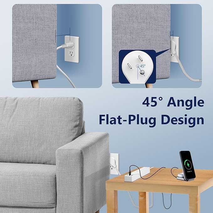 LIDER Outlet Extender with 3 Receptacles, USB Type-A and 2 USB Type-C Port, Ultra-Thin Flat-Plug with Cord Extender, 3-Outlet Power Strip, Slim Angled Design, UL-Listed, 5ft Cord, White