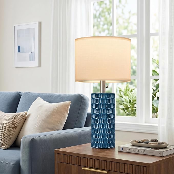 Reaketon Table Lamps for Living Room Set of 2, Ceramic Table Lamps for Bedroom, 20" Modern Lamps for Night Stands, Blue