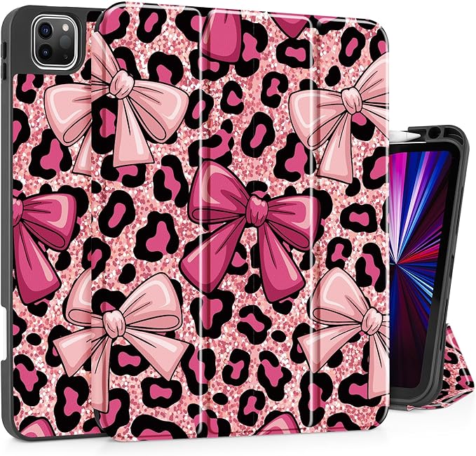 May Chen Case for iPad Pro 11 inch (4th, 3rd, 2nd & 1st Gen) 2022 2021 2020 2018,Trifold Stand with Auto Wake/Sleep Soft TPU Protective Stand Back Cover, Leopard Print Bow