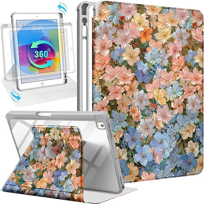 Uppuppy for iPad 9th/8th/7th Generation Case for iPad Air 3rd/ Pro 10.5” Case - 360 Rotating Stand Folio Smart Cover with Pencil Holder for Women, Beautiful Flower for Apple Tablet 7/8/9 Gen 10.2”