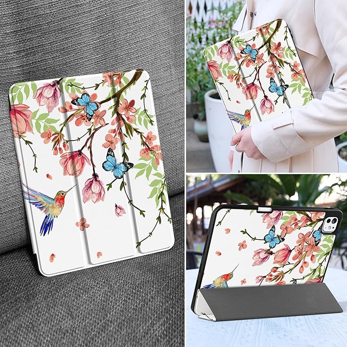 MEEgoodo Case for M5 iPad Pro 11 inch 2025/M4 iPad Pro 11 inch Case 2024, Tablet Cover with Trifold Stand & Pencil Holder & Auto Wake/Sleep & Soft TPU Back Cover, Birds & Flowers