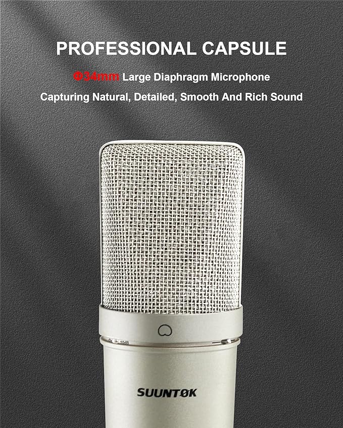 SUUNTOK XLR Microphone, Professional Condenser Microphone with 34mm Large Diaphragm, Cardioid Studio Recording Mic Computer Gaming PC TM87KB Mic Kit for Singing, Podcasting, YouTube (Silver)