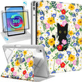 Uppuppy for iPad A16 Case for iPad 10th Generation Case 10.9 inch - 360 Degree Rotating Stand Folio Smart Cover with Pencil Holder for Women Girls, Cat & Flowers for Apple Tablet 10th 2022/11th 2025