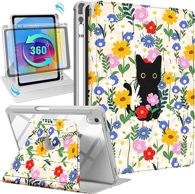 Uppuppy for iPad A16 Case for iPad 10th Generation Case 10.9 inch - 360 Degree Rotating Stand Folio Smart Cover with Pencil Holder for Women Girls, Cat & Flowers for Apple Tablet 10th 2022/11th 2025