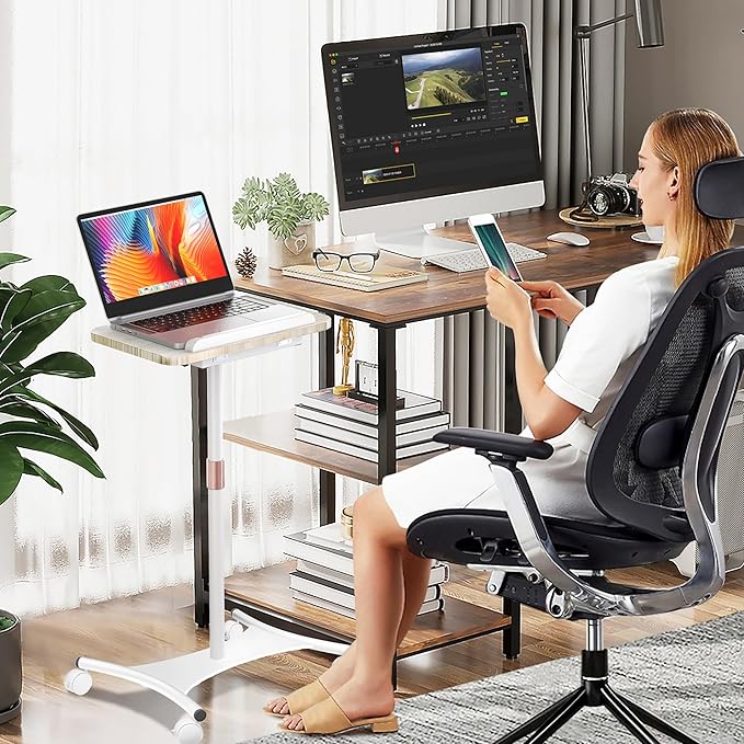 Rolling Laptop Stand, 2 in 1 Dual-use Floor & Desktop, Adjustable Height from 16.5" to 51", with 4 Lockable Casters, Small Mobile Standing Desk Perfect for Home, Office, Meeting Room, Study (White-N)