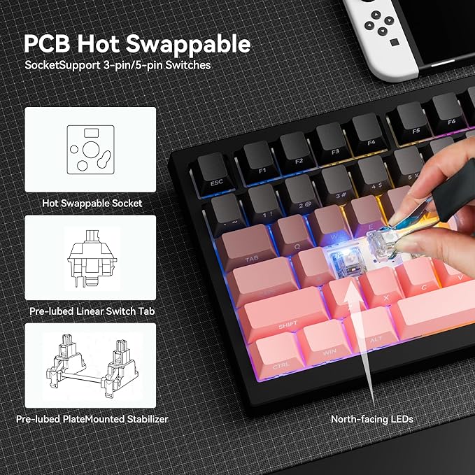 Gurjot Wireless Mechanical Keyboard,75% Hot Swappable Keyboard with Knob,8000mAH Battery RGB Backlit,Side Printed PBT Keycaps,2.4GHz/USB-C/BT5.0 Mechanical Gaming Keyboards, Black&Pink