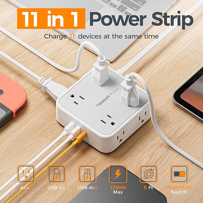 TESSAN Surge Protector Power Strip, 10 Ft Flat Plug Extension Cord with 3 USB (1 USB C) 8 Outlets, 1250W, 900J Protection, 3 Sided Outlet Extender with Power Switch for Office, Dorm Room, Grey